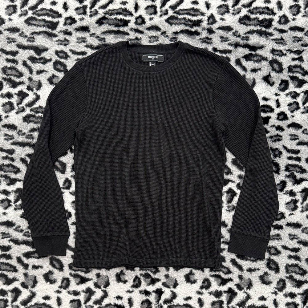 Forever 21 Black Waffle Knit Long Sleeve Shirt